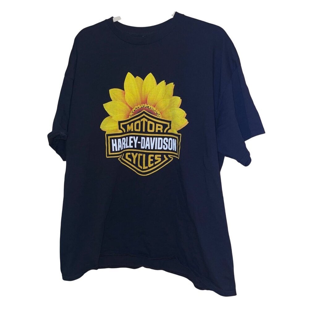 Womens Tee Shirt Size 2XL Black Harley Davidson Sunflower Crew Neck Casual